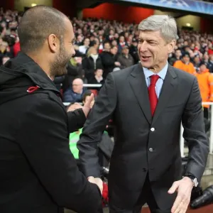 Arsene Wenger of Arsenal and Josep Guardiola of Barcelona Exchange Handshakes During UEFA Champions League Quarterfinal at Emirates Stadium, 2010