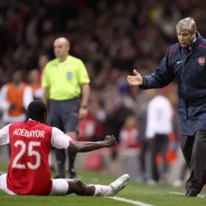 Arsene Wenger the Arsenal manager celebrates Arsenals goal with Emmanuel Adebayor Arsene Wenger the Arsenal manager celebrates Arsenals goal with Emmanuel Adebayor