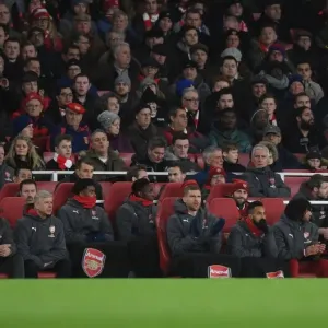 Arsene Wenger and Per Mertesacker on Arsenal Bench during Arsenal vs Chelsea (2017-18)