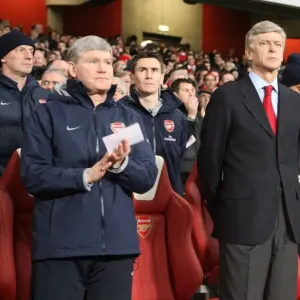 Arsene Wenger and Pat Rice Lead Arsenal in Silence for Haiti Disaster Relief during Arsenal 4:2 Bolton Wanderers, Barclays Premier League, Emirates Stadium (2010) Arsene Wenger and Pat Rice Lead Arsenal in Silence for Haiti Disaster Relief during Arsenal 4:2 Bolton Wanderers, Barclays Premier League, Emirates Stadium (2010)