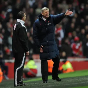 Arsene Wenger Protests to Referee Kevin Friend during Arsenal vs Wigan Athletic, Premier League 2011-12