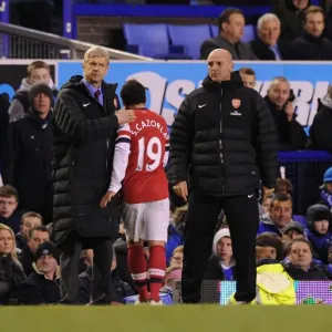 Arsene Wenger and Steve Bould Console Santi Cazorla after Substitution: Everton vs Arsenal, 2012-13