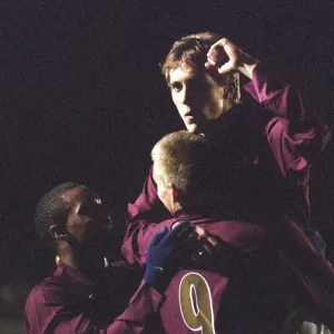 Arturo Lupoli celebrates scoring Arsenals 2nd with Nicklas Bendtner and Jay Simpson