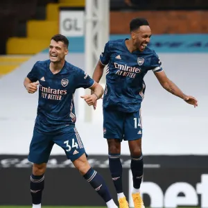 Aubameyang and Xhaka Celebrate Arsenal's Third Goal vs Fulham (2020-21)