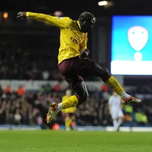 Bacary Sagna shoots past Leeds goalkeeper Kasper Schmeichel to score the 2nd Arsenal goal