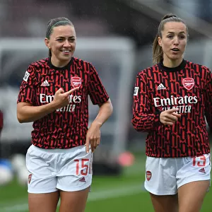 BOREHAMWOOD, ENGLAND - APRIL 28: Katie McCabe and Lia Walti of Arsenal before the Barclays FA Womens Super League match