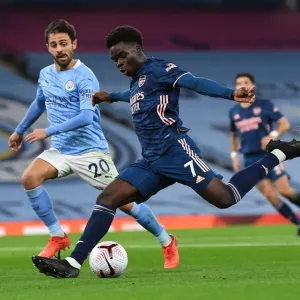 Bukayo Saka vs Bernardo Silva: Intense Moment at the Etihad - Manchester City vs Arsenal, 2020-21 Premier League