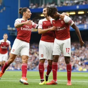 Celebrating a Goal: Mkhitaryan, Iwobi, and Bellerin (Chelsea vs Arsenal, 2018-19)