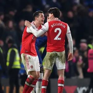 Celebrating Victory: Xhaka and Bellerin Rejoice After Arsenal's Win Against Chelsea