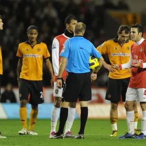 Cesc Fabregas Confronts Referee Mark Halsey During Arsenal's 2-0 Win Over Wolverhampton Wanderers