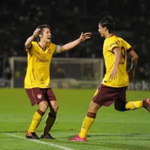 Chamakh and Rosicky-Sagna: Celebrating Arsenal's 2nd Goal in Partizan Belgrade's Stadium (UEFA Champions League)