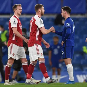 Chambers and Mount: Post-Match Handshake at Empty Stamford Bridge - Chelsea vs. Arsenal, 2021 Premier League Chambers and Mount: Post-Match Handshake at Empty Stamford Bridge - Chelsea vs. Arsenal, 2021 Premier League