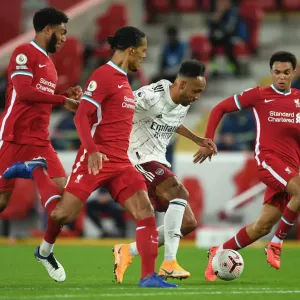 Print of Aubameyang vs. Liverpool's Defense at Anfield Print of Aubameyang vs. Liverpool's Defense at Anfield