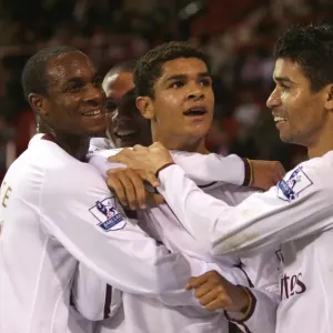 Denilson celebrates scoring Arsenals 3rd goal with Eduardo Denilson celebrates scoring Arsenals 3rd goal with Eduardo