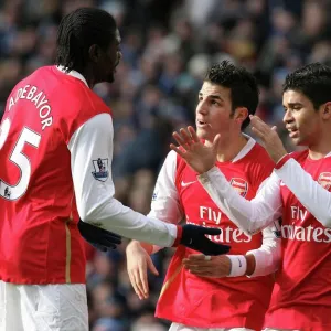 Eduardo celebrares scoring the 2nd Arsenal goal with Cesc Fabregas and Emmanuel Adebayor