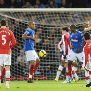 Eduardo shoots past the Portsmouth wall to score the 1st Arsenal goal. Portsmouth 1