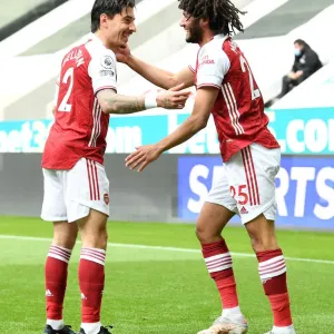 Elneny and Bellerin Celebrate Goal: Arsenal's Victory at Newcastle United (Behind Closed Doors), 2020-21 Premier League