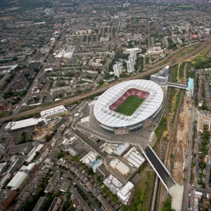 Emirates Stadium and Arsenal Stadium photographed from the a helicopter during the match