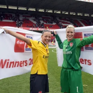 Emma Byrne and Lianne Sanderson (Arsenal) celebrate at the end of the match Emma Byrne and Lianne Sanderson (Arsenal) celebrate at the end of the match