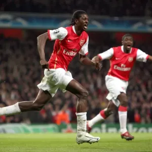 Emmanuel Adebayor (Arsenal) celebrates the own goal scored by Alex (PSV, not pictured) Emmanuel Adebayor (Arsenal) celebrates the own goal scored by Alex (PSV, not pictured)