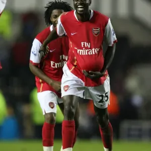 Emmanuel Adebayor (Arsenal) celebrates his three goals after the match