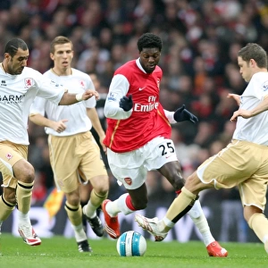 Emmanuel Adebayor (Arsenal) Mohamed Shawky and Luke Young (Boro)