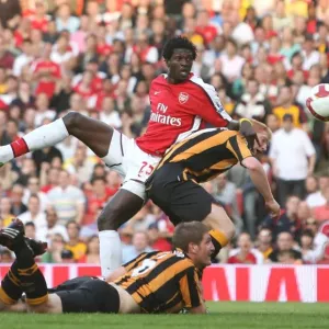 Emmanuel Adebayor (Arsenal) Paul McShane and Michael Turner (Hull) Emmanuel Adebayor (Arsenal) Paul McShane and Michael Turner (Hull)