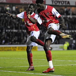 Emmanuel Adebayor celebrates scoring his 2nd and Arsenals 5th goal of the match with Emmanuel Eboue. Derby 2: 6 Arsenal, Barclays Premier League, Pride Park, Derby, 28 / 4 / 2008. Credit : Stuart MacFarlane / Arsenal