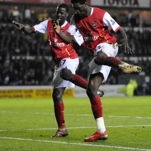 Emmanuel Adebayor celebrates scoring his 2nd and Arsenals 5th goal of the match with Emmanuel Eboue. Derby 2: 6 Arsenal, Barclays Premier League, Pride Park, Derby, 28 / 4 / 2008. Credit : Stuart MacFarlane / Arsenal