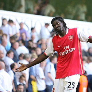 Emmanuel Adebayor celebrates scoring the 3rd Arsenal goal