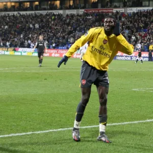 Emmanuel Adebayor celebrates scoring hte 3rd Arsenal goal