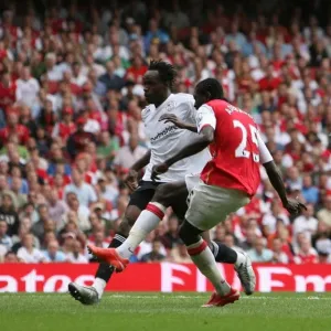 Emmanuel Adebayor scores Arsenals 5th goal his 3rd past Tyrone Mears (Derby) Emmanuel Adebayor scores Arsenals 5th goal his 3rd past Tyrone Mears (Derby)
