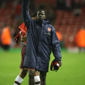 Emmanuel Eboue waves to the Arsenal fans after the match Emmanuel Eboue waves to the Arsenal fans after the match