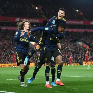Five-Star Arsenal: Willock and Martinelli's Euphoric Goal Celebrations in Carabao Cup Triumph over Liverpool