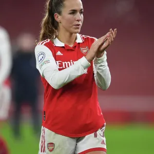 Focus and Determination: Kim Little's Pre-Match Ritual with Arsenal FC in the Changing Room before Arsenal vs. Olympique Lyonnais, UEFA Women's Champions League, 2022-23