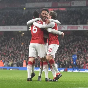 Fourth Goal Celebration: Aubameyang, Koscielny, Monreal (Arsenal vs. Everton, 2017-18)