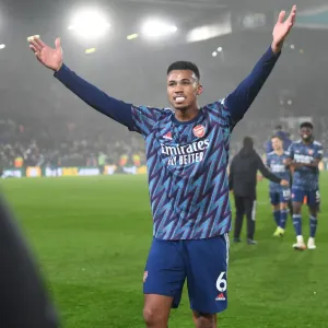 Gabriel Celebrates with Arsenal Fans: Leeds United vs. Arsenal, Premier League 2021-22 Gabriel Celebrates with Arsenal Fans: Leeds United vs. Arsenal, Premier League 2021-22