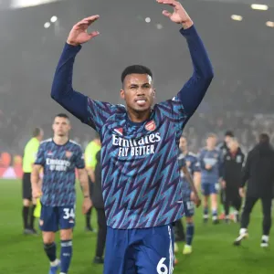 Gabriel Celebrates with Arsenal Fans: Leeds United vs Arsenal, Premier League 2021-22 Gabriel Celebrates with Arsenal Fans: Leeds United vs Arsenal, Premier League 2021-22