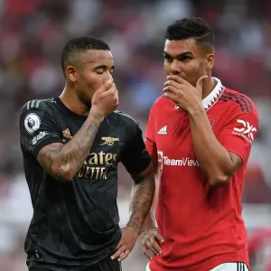 Gabriel Jesus and Carlos Casemiro Lock Horns: Manchester United vs. Arsenal Football Club, Premier League 2022-23 Gabriel Jesus and Carlos Casemiro Lock Horns: Manchester United vs. Arsenal Football Club, Premier League 2022-23