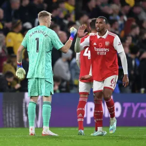 Gabriel Magalhaes and Aaron Ramsdale of Arsenal in Action against Wolverhampton Wanderers (2022-23)