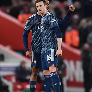 Gabriel Magalhaes and Rob Holding of Arsenal Reunite After Carabao Cup Semi-Final Clash Against Liverpool