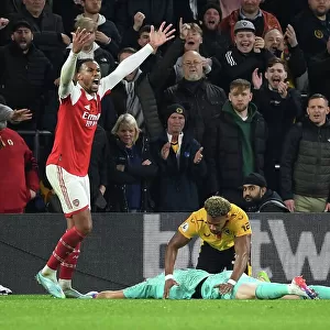 Gabriel Protests Referee Decision Against Adama Traore during Wolverhampton Wanderers vs Arsenal FC (2022-23)