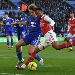Gabriel vs. Faes: Battle at The King Power Stadium - Leicester City vs. Arsenal FC, Premier League 2022-23 Gabriel vs. Faes: Battle at The King Power Stadium - Leicester City vs. Arsenal FC, Premier League 2022-23