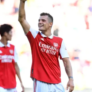 Granit Xhaka Embraces Family After Arsenal's Win Against Leicester City (Arsenal v Leicester City 2022-23) Granit Xhaka Embraces Family After Arsenal's Win Against Leicester City (Arsenal v Leicester City 2022-23)