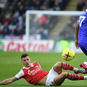 Granit Xhaka Tackles Tete in Intense Leicester City vs. Arsenal FC Clash, Premier League 2022-23