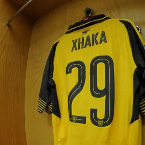 Granit Xhaka's Arsenal Shirt in Arsenal Changing Room Before Arsenal v FC Basel Match (2016-17) Granit Xhaka's Arsenal Shirt in Arsenal Changing Room Before Arsenal v FC Basel Match (2016-17)