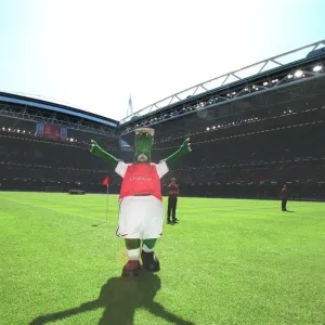 Gunnersaurus on the pitch ath the Millenium Stadium. The AXA F. A Gunnersaurus on the pitch ath the Millenium Stadium. The AXA F. A