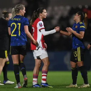 Heartwarming Handshake: Tobin Heath and Ivana Ferreira Fuso Post-Match at Arsenal Women vs Manchester United Women, Conti Cup Quarterfinal