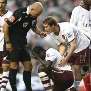 Injured Emmanuel Eboue is helped by Arsenal team mate Alex Hleb Injured Emmanuel Eboue is helped by Arsenal team mate Alex Hleb