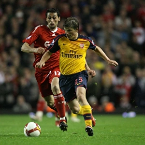 Intense Rivalry: Arshavin and Arbeloa Face Off in the 4-4 Liverpool vs. Arsenal Thriller, Barclays Premier League, Anfield, 2009